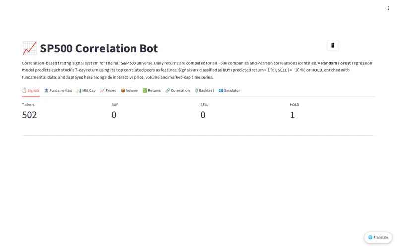 SP500 Correlation Bot desktop preview